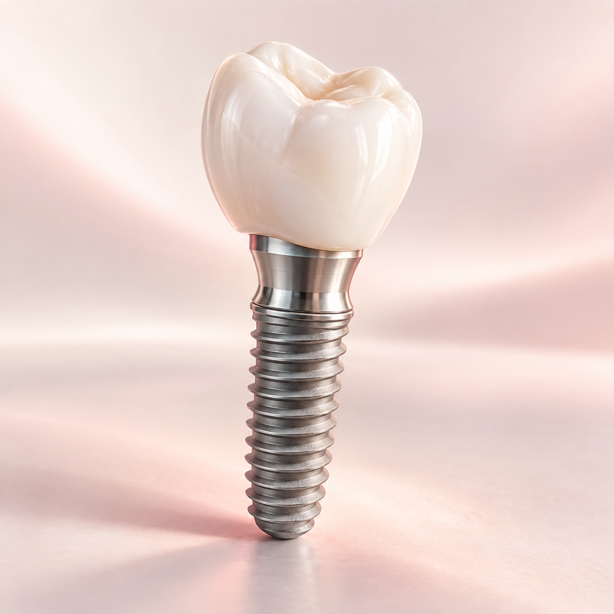 Seramik diş kaplaması, bağlantı parçası ve titanyum implantı gösteren temsili üç boyutlu çizim
